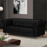 Sofá Living Stanford Chesterfield 2 Lugares 200cm Pés De Madeira Couro Preto Brilho G58 Gran Belo