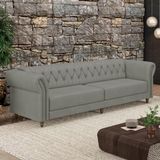 Sofá Living Stanford Chesterfield 3 Lugares 260cm Pés De Madeira Couro Cinza G58 Gran Belo