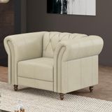 Poltrona Decorativa Stanford Chesterfield Pés De Madeira Couro Off White G58 Gran Belo