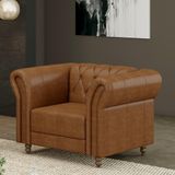 Poltrona Decorativa Stanford Chesterfield Pés De Madeira Couro Mel Manchado G58 Gran Belo