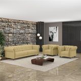 Conjunto 1 Sofá Living 260cm E 2 Poltronas Stanford Chesterfield Pés Madeira Couro Bege G58 Gran Belo