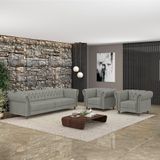 Conjunto 1 Sofá Living 180cm E 2 Poltronas Stanford Chesterfield Pés Madeira Couro Cinza G58 Gran Belo