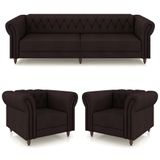 Conjunto 1 Sofá Living 260cm E 2 Poltronas Stanford Chesterfield Pés Madeira Couro Marrom G58 Gran Belo