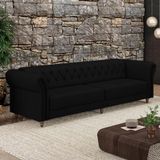 Sofá Living Stanford Chesterfield 3 Lugares 240cm Pés De Madeira Couro Preto G58 Gran Belo