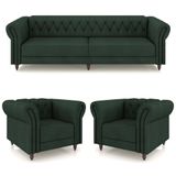 Conjunto 1 Sofá Living 240cm E 2 Poltronas Stanford Chesterfield Pés Madeira Couro Verde G58 Gran Belo