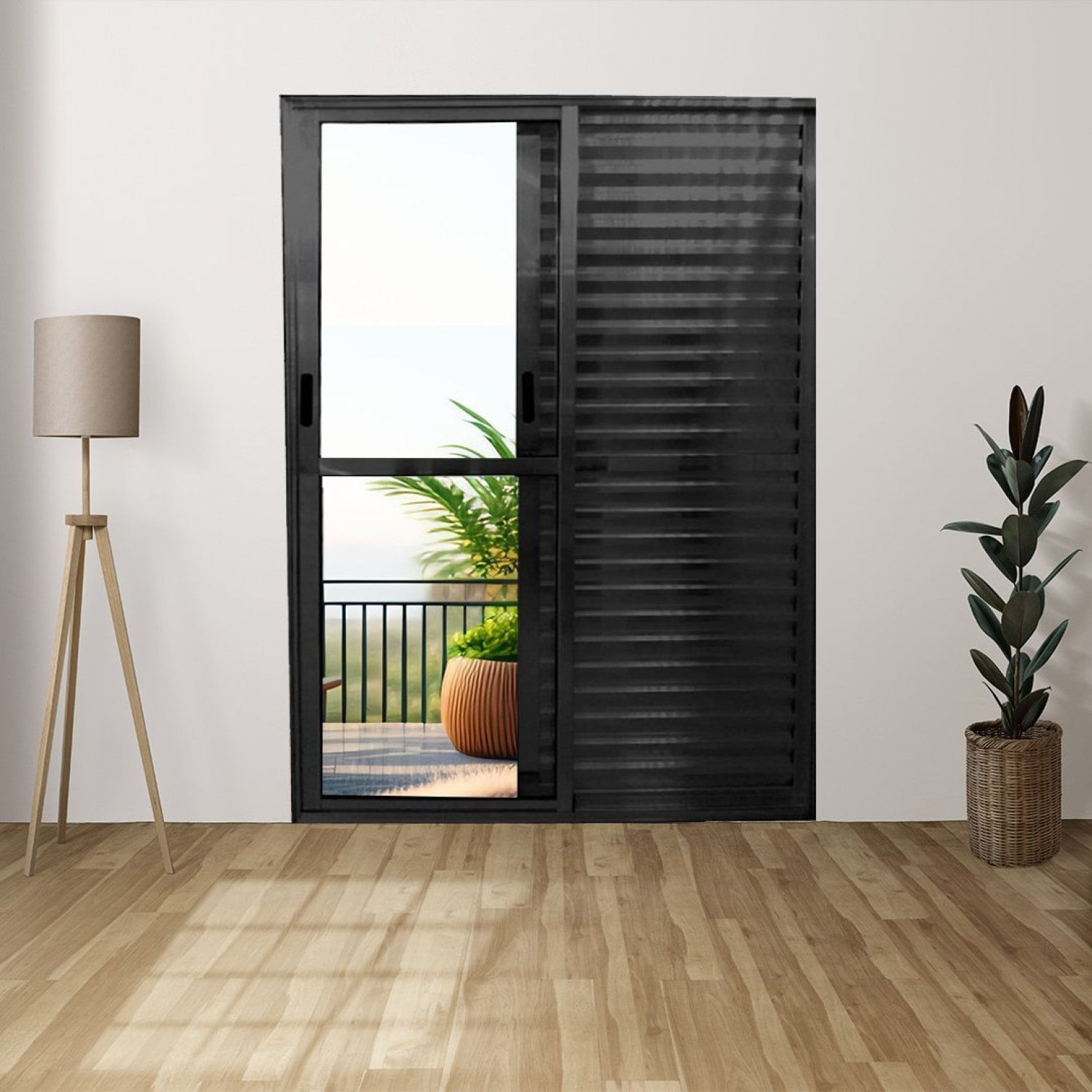 Porta Balcão De Alumínio 3 Folhas 210 X 150cm Com Fechadura Linha 25 Preto