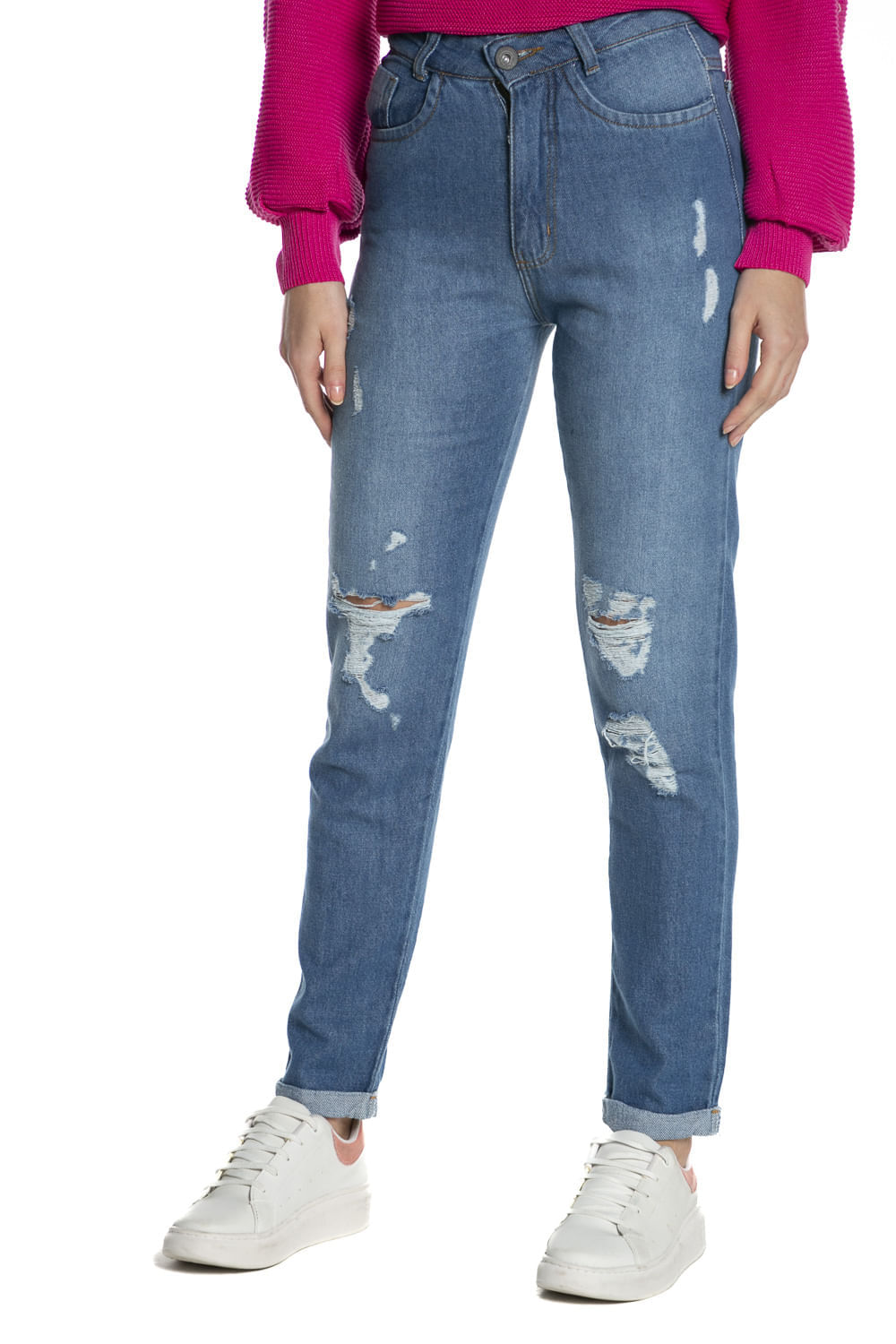 Calça Feminina Jeans Mom Destroyed Polo Wear Jeans Médio