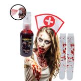 Acessórios Fantasia Enfermeira Halloween: Meia 7/8 Branco Sangue + Estetoscópio + Tiara + Sangue Spray = 4 Produtos