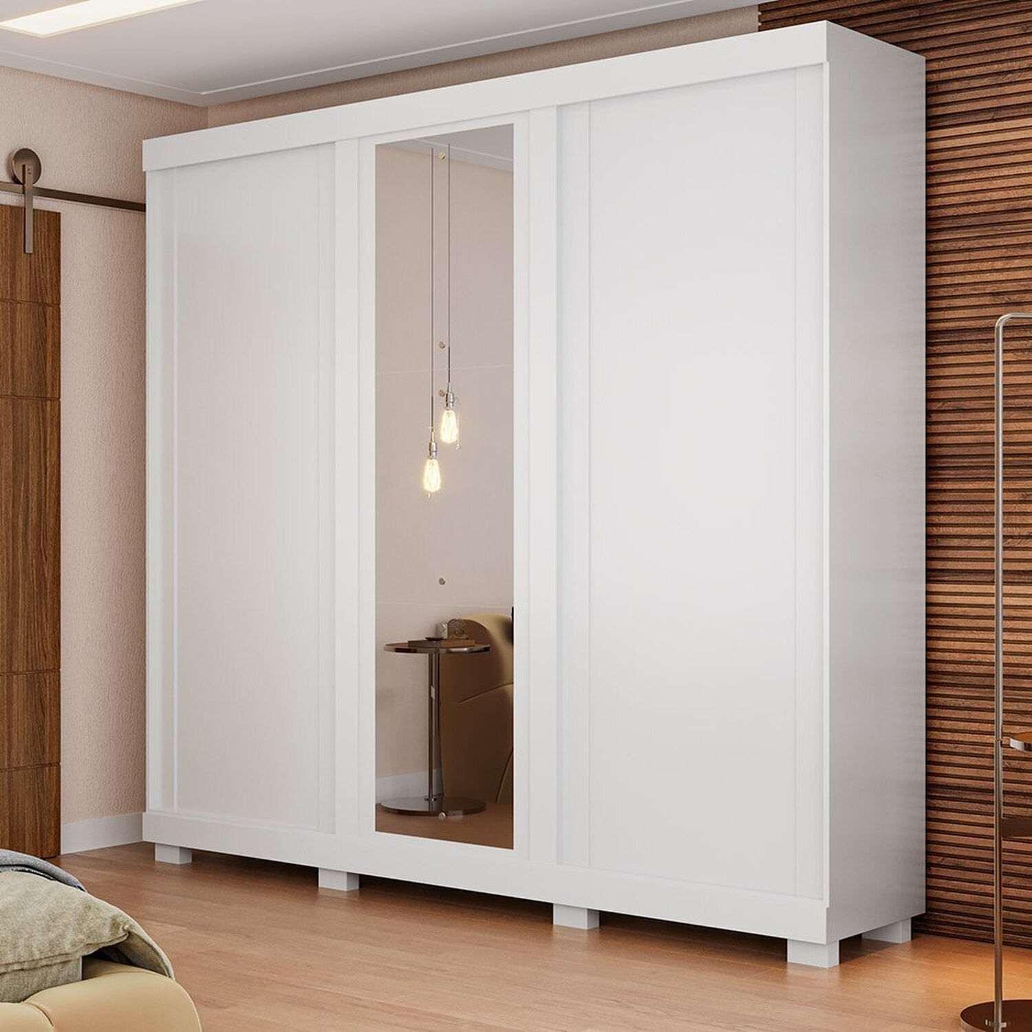 Guarda-roupa Casal 243cm 3 Portas De Correr Com Espelho 100% Mdf Amarílis Espresso Móveis Branco