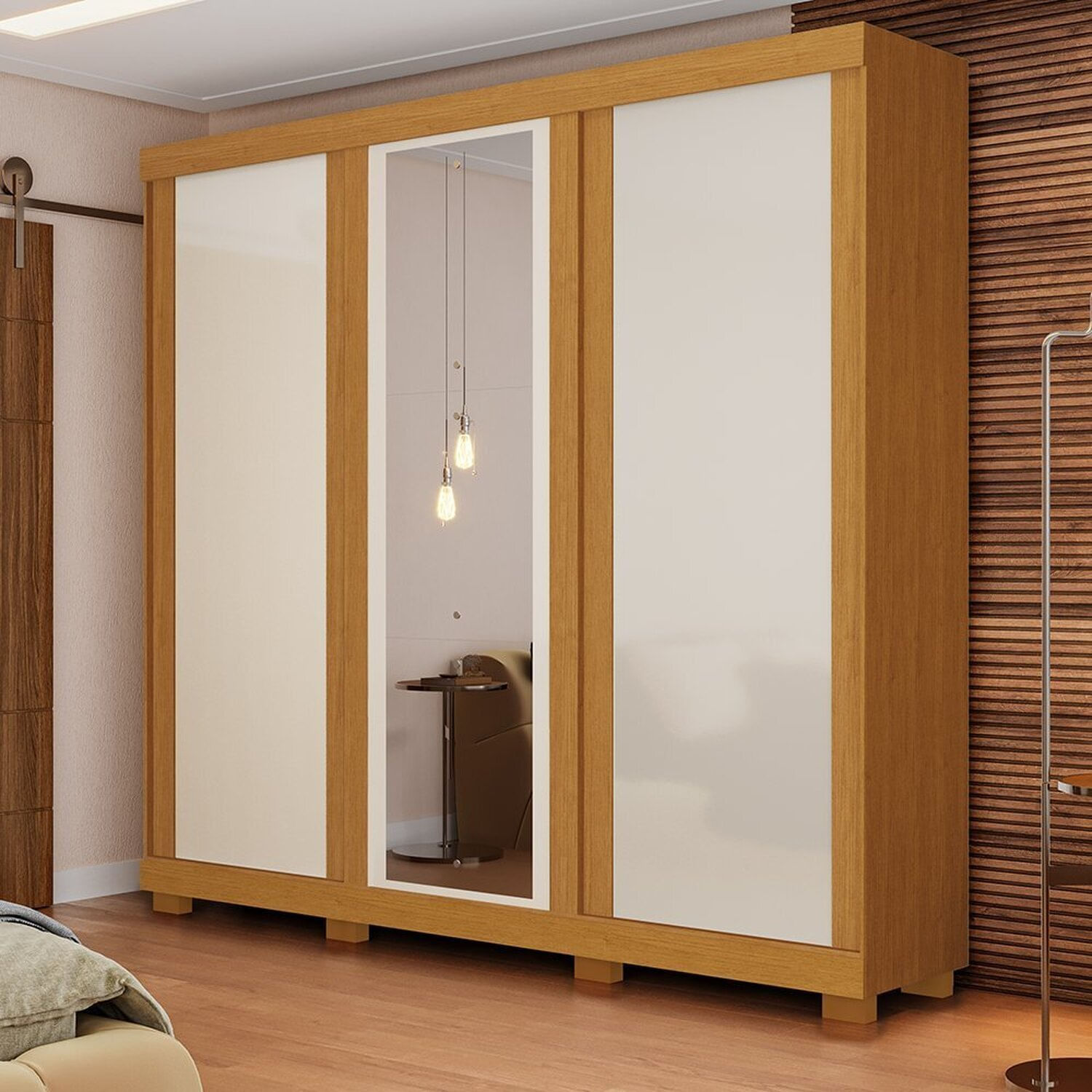 Guarda-roupa Casal 243cm 3 Portas De Correr Com Espelho Flex Color 100% Mdf Amarílis Espresso Móveis Cinamomo/off White