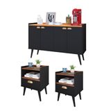 Kit 2 Mesinhas Cabeceira Estilo Retrô Preto/freijó 1 Gaveta Nicho Decorativo E Buffet Kiev Cantinho Café Preto/cinamomo - Rpm Móveis