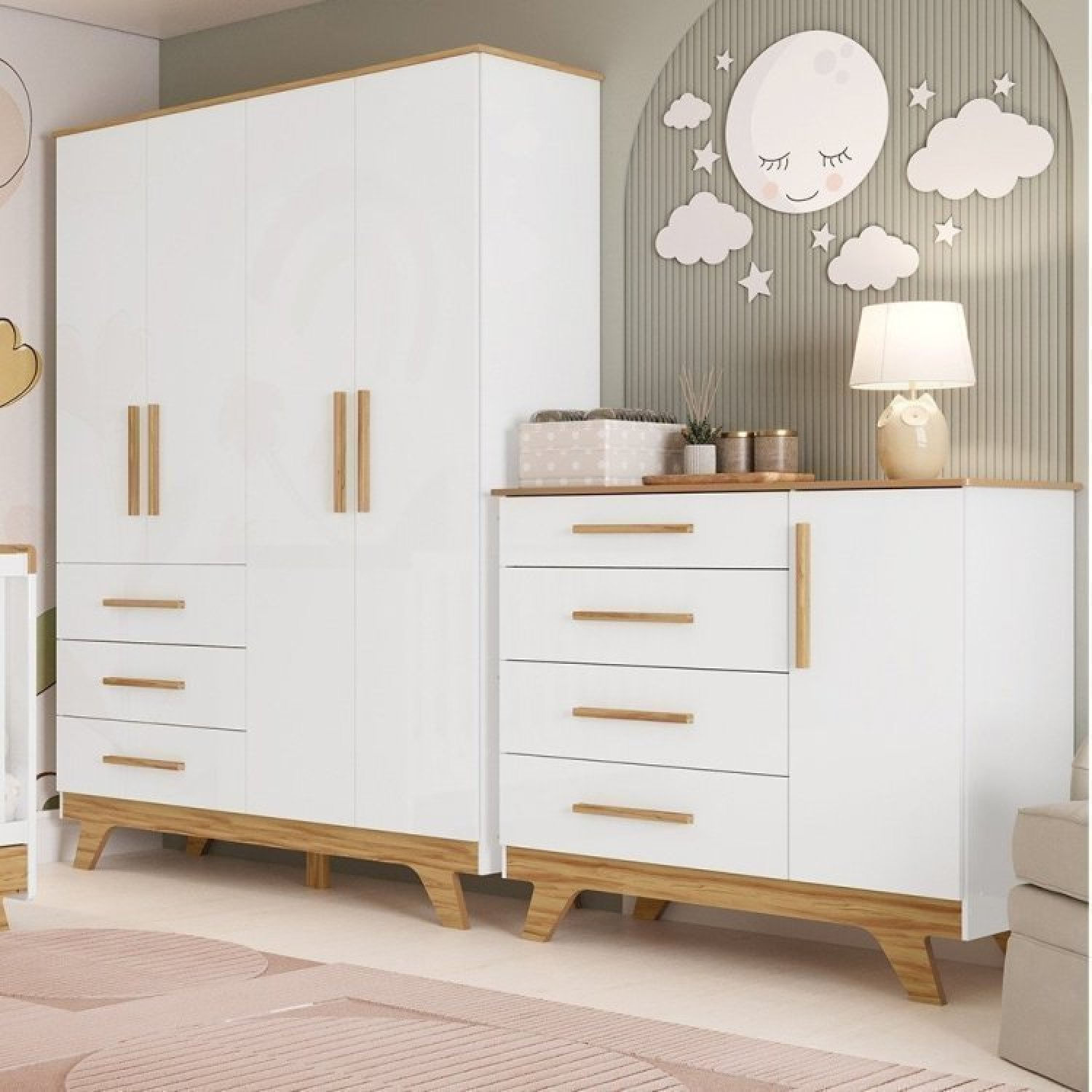 Quarto De Bebê Com Guarda Roupa E Cômoda Kakau Retrô Espresso Móveis Branco Brilho/amêndoa