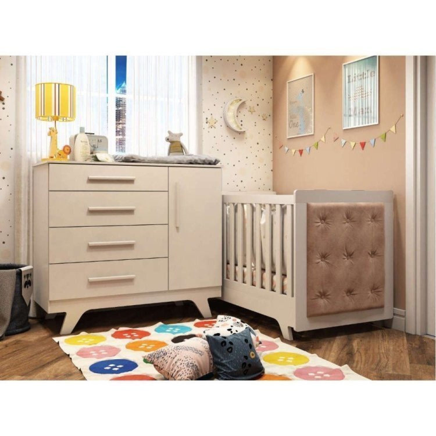 Quarto De Bebê Com Cômoda 1 Porta 4 Gavetas E Berço Com Capitonê Retrô Jolie Branco/brilho