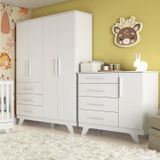 Quarto Infantil Com Guarda Roupa 4 Portas E Cômoda 1 Porta Kakau Retrô 100% Mdf Espresso Móveis Branco Brilho