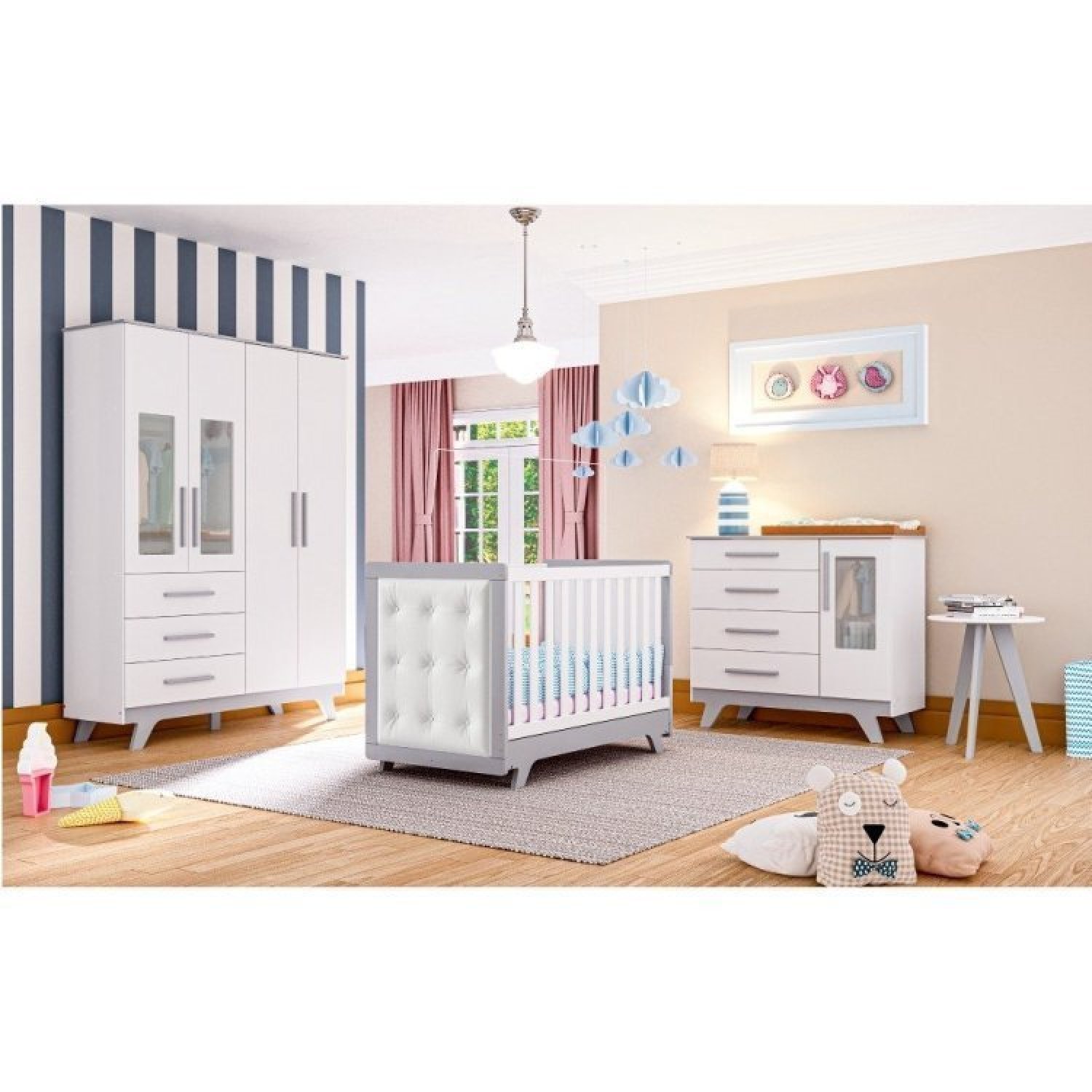 Quarto De Bebê Completo Guarda Roupa Cômoda Mesa E Berço Com Capitonê  Retrô Jolie Branco Brilho/cinza