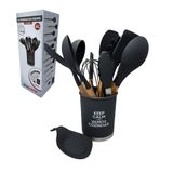 Jogo Kit Utensílios De Cozinha Silicone Cabo De Madeira 13 Peças - Preto