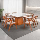 Conjunto Mesa Bérgamo Tampo Com 8 Cadeiras Em Madeira Maciça, Estofada E Rattan De Fibra 100% Natura Champagnhe/off White