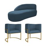 Kit Divã Luna 160cm Lado Esquerdo E 02 Poltronas Base De Ferro Dourado Linho Cor Azul Royal