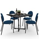 Mesa De Jantar Rivera Preto 90cm Com 04 Cadeiras Industrial Évora F01 Suede Azul Marinho - Lyam