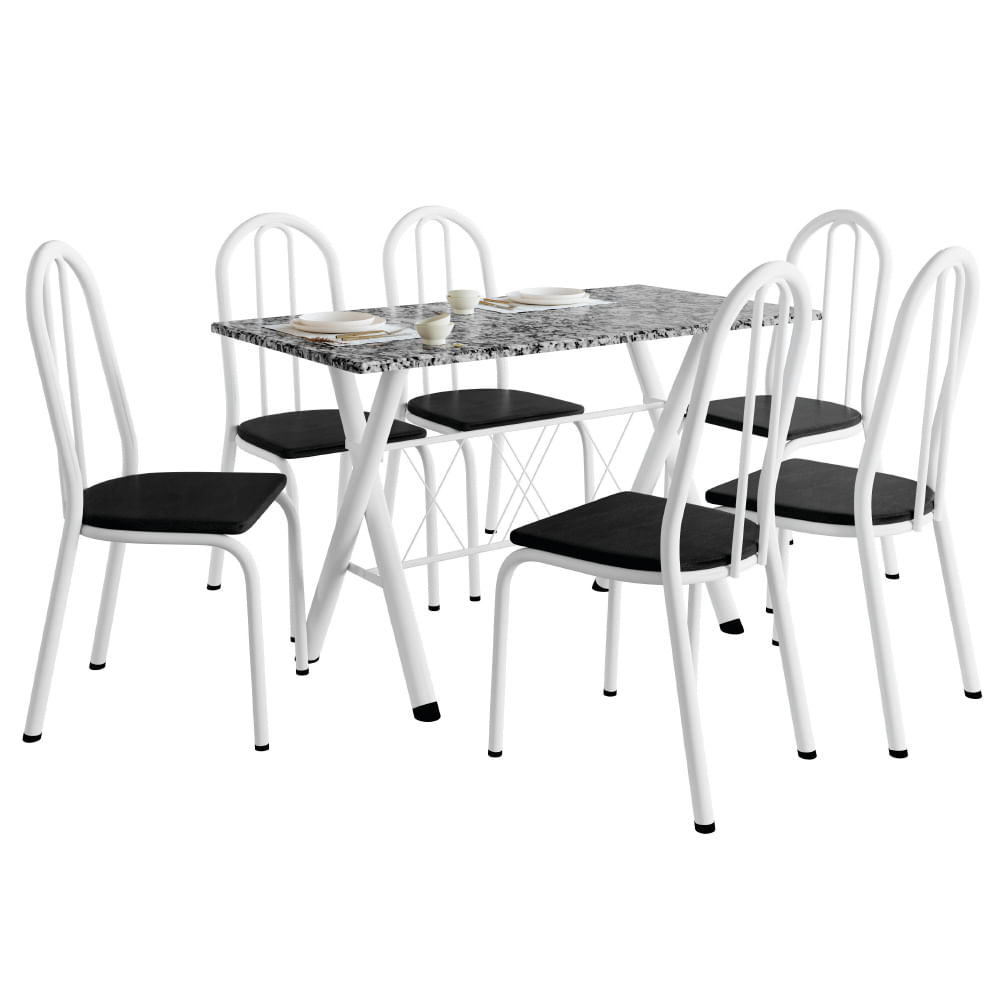 Conjunto Sala De Jantar Mesa Deise Com 6 Cadeiras Diva 1,40m Granito Branco/preto Artefamol