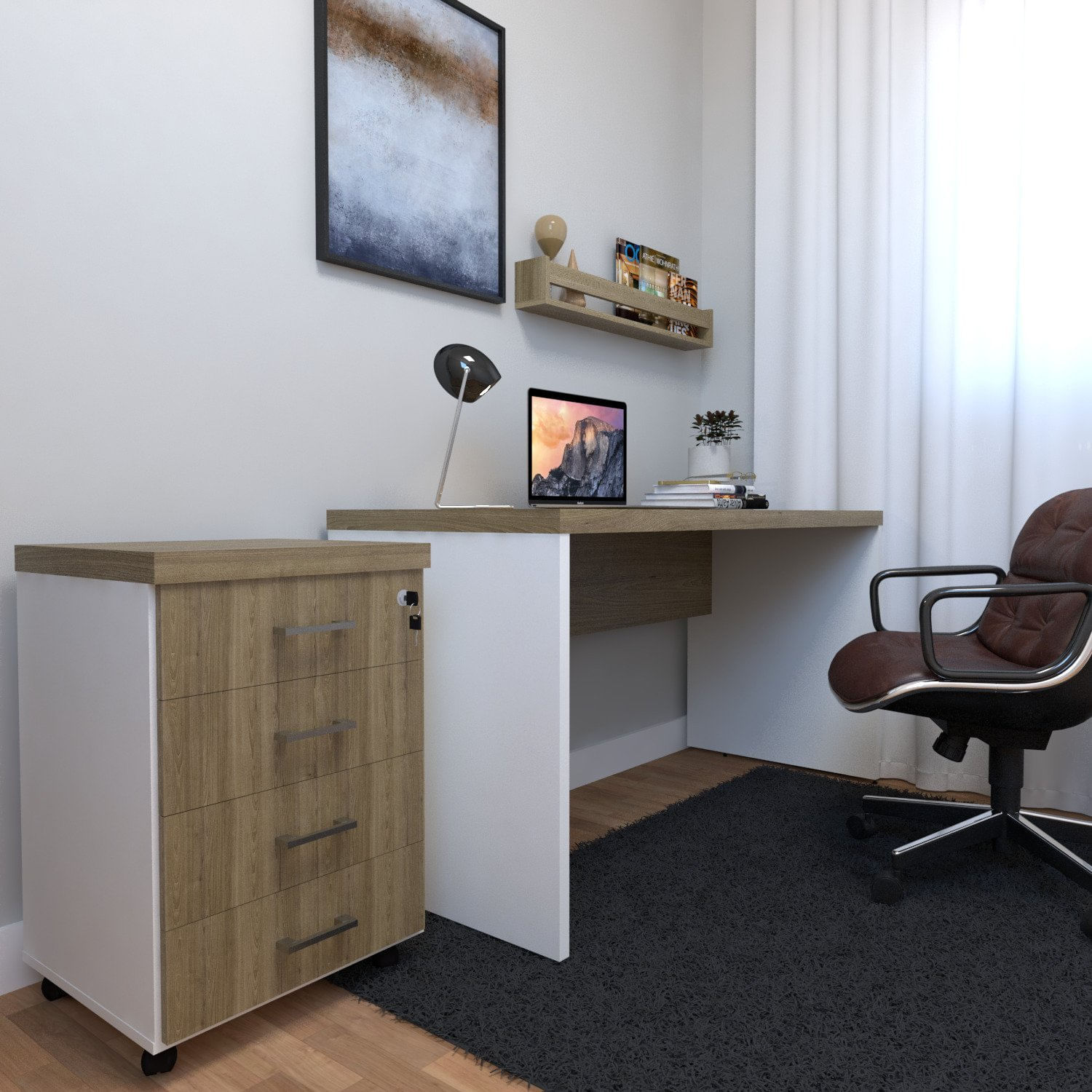 Conjunto Escritório / Home Office Kit Com Mesa, Gaveteiro E Prateleira