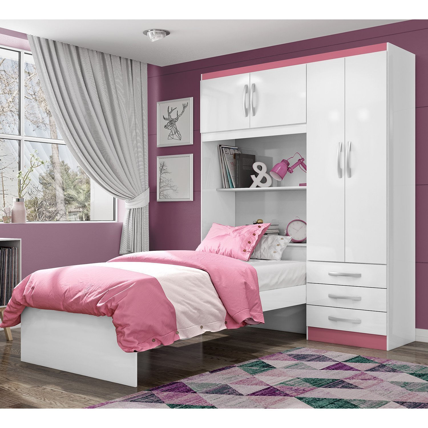 Guarda Roupa Infantil Com Cama 4 Portas 3 Gavetas Lisboa Espresso Móveis Branco/pink