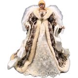 Anjo Topo Arvore Natal Linho Marrom Decoração Casa 40cm