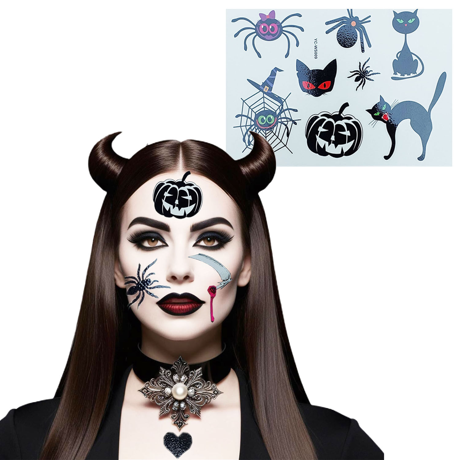 Festa Halloween Maquiagem Adesiva Para O Rosto Tatuagem Temporária Face Jewels - Kit 4 Cartelas Sortidas Adulto