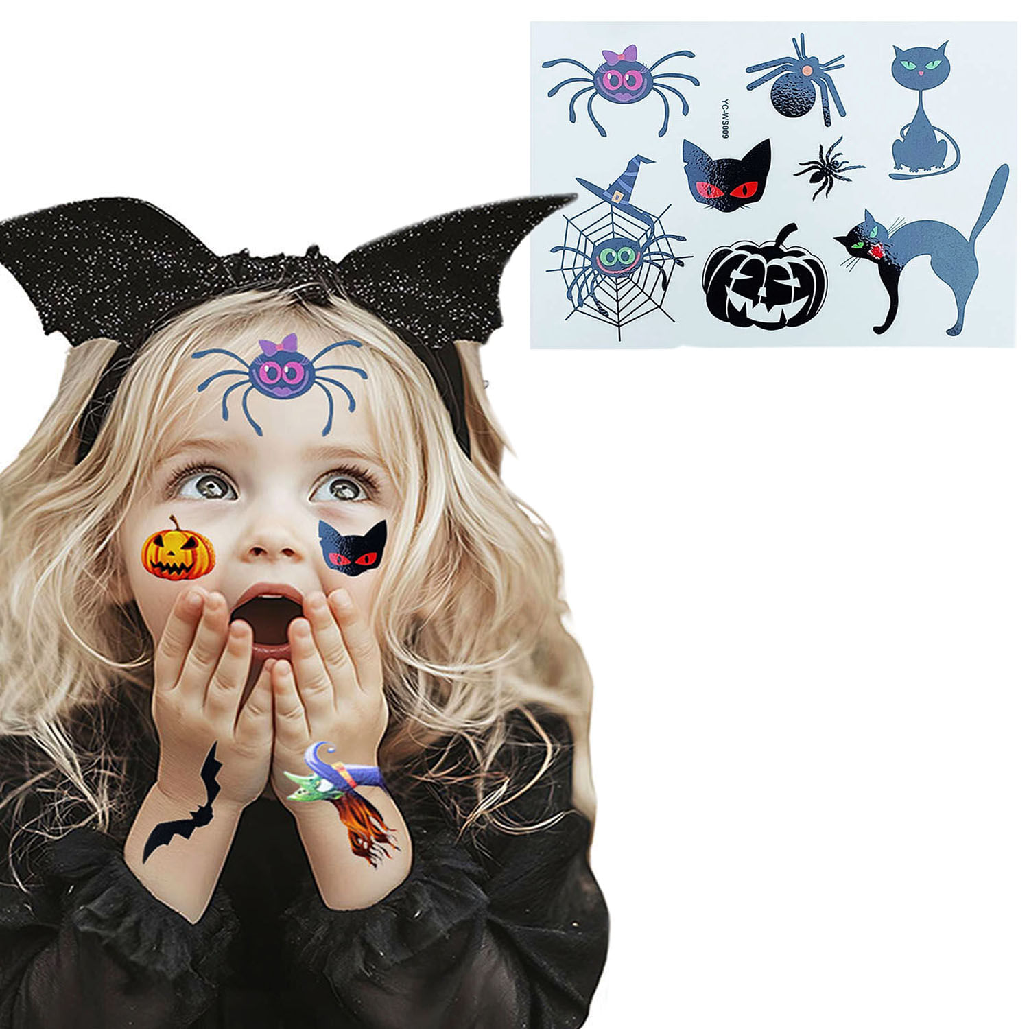 Festa Maquiagem Adesiva Para O Rosto Tatuagem Temporária Halloween Face Jewels - Kit 4 Cartelas Sortidas Infantil