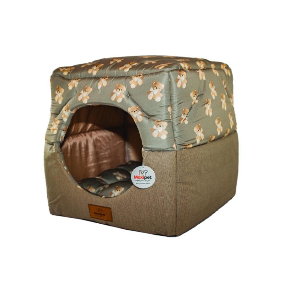 Cama Para Cachorro Toca Quadrada Em Corino + Poliéster Marrom Ursinho Grande (gg) 55 X 55 X 55 Cm