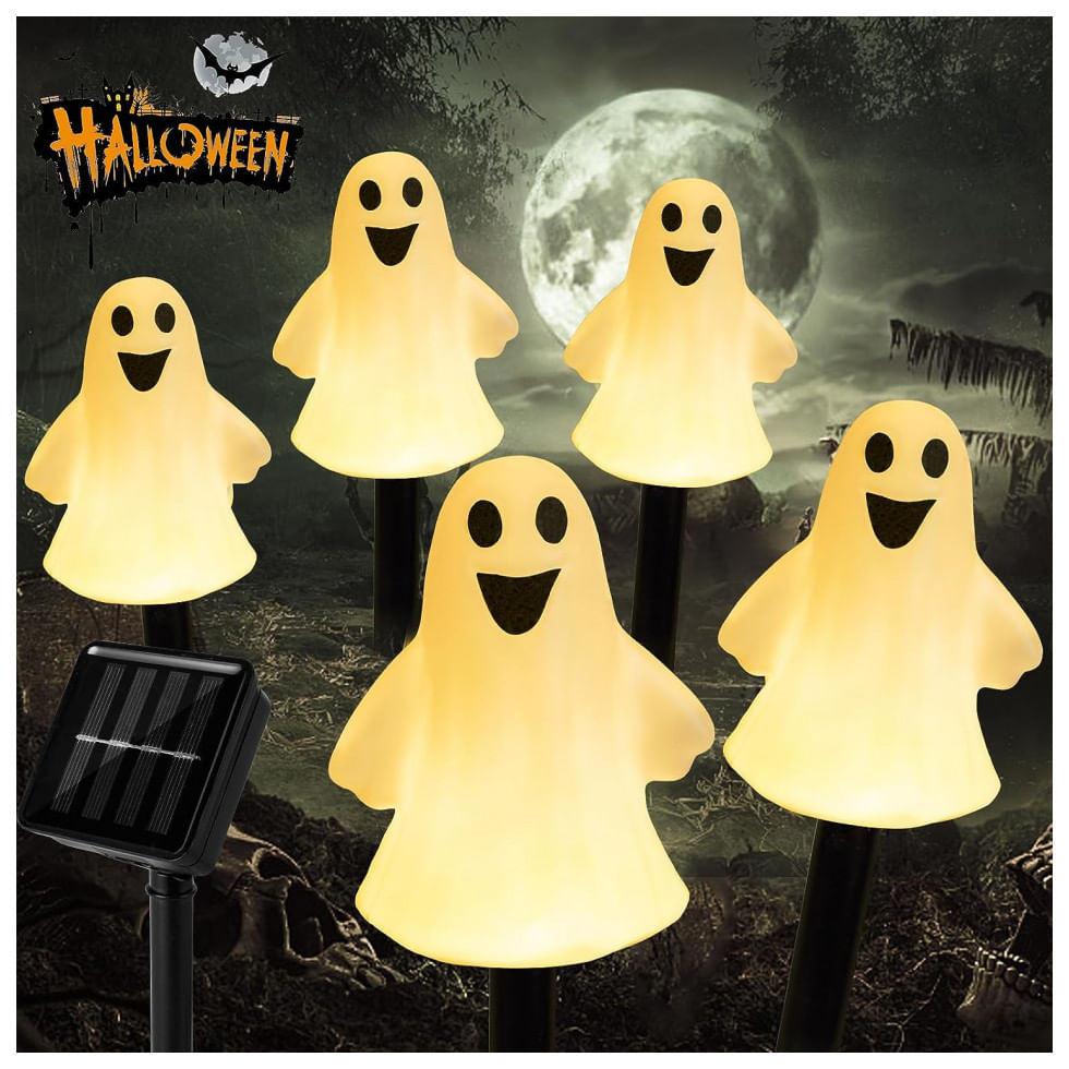 Kit De Estacas Decorativas Solar Com 5 Fantasmas 3d Iluminado Para Halloween