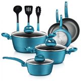 Jogo De Panelas E Frigideiras Antiaderentes Em Aluminio Com Utensilios, 12 Pecas, Nutrichef Nccw12gr, Azul