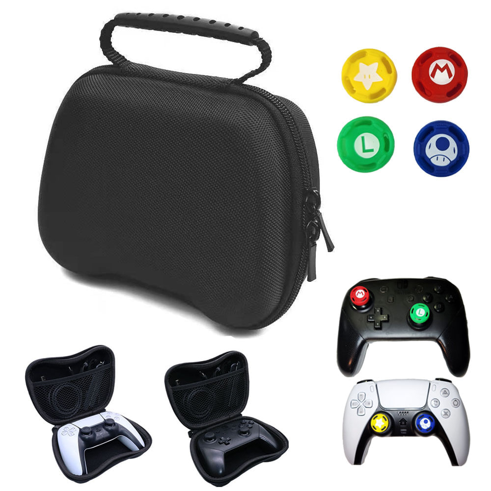 Estojo Case Controle Nintendo Switch Pro Ps4 Ps5 Bolsa Alça Mão Rígida + 4 Grips Analógicos Mário