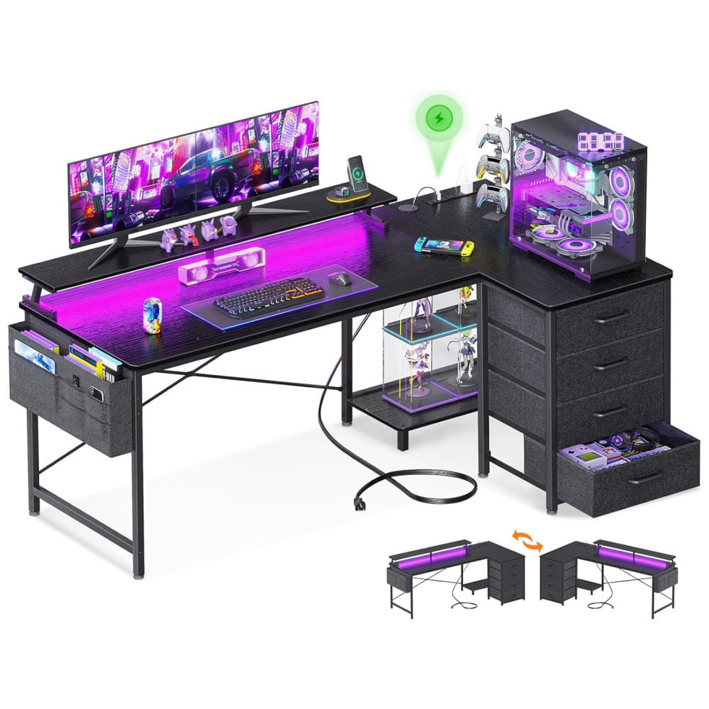 Mesa Gamer 55&quot; 139 Cm Com 4 Gavetas, Tomadas, Portas Usb, Luz Led, Prateleiras Para Cpu E Suporte De Monitor, 110v, Odk, Preto