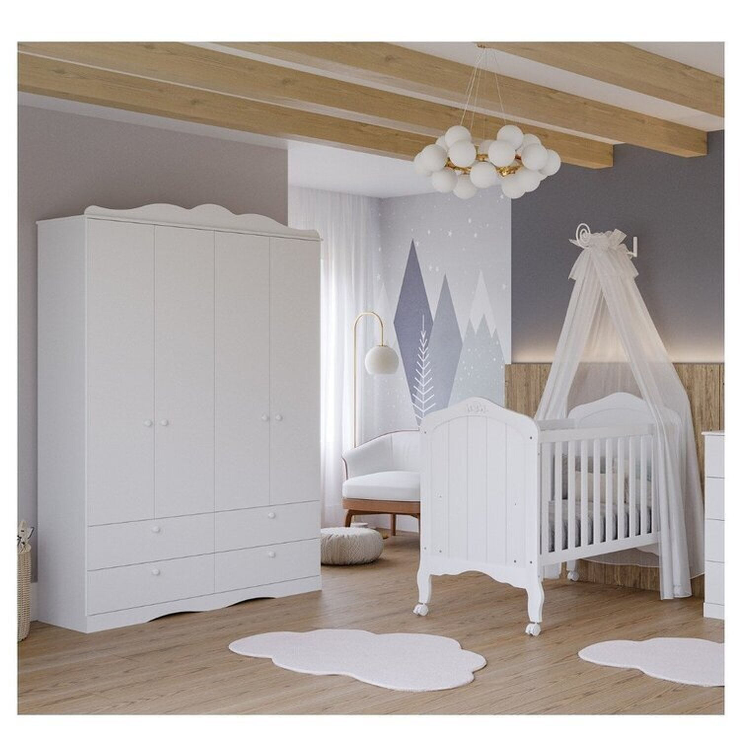 Quarto De Bebê 2 Peças Com Berço E Guarda-roupa 4 Portas 4 Gavetas Aquarela Espresso Móveis Branco