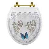 Assento Sanitário Poliester Oval Branco Decorado Borboleta Azul Com Ferragem Dourada