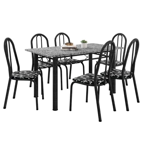 Conjunto Sala De Jantar Mesa Sara Com 6 Cadeiras Diva 1,40m Granito Preto Craquelado/floral Artefamol