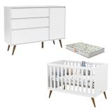 Berço Americano Retrô Gold E Cômoda Com Porta Retro Clean Branco Soft Eco Wood Com Colchão Gazin