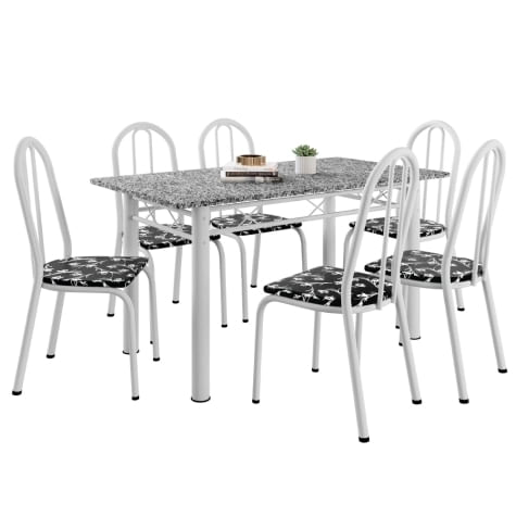 Conjunto Sala De Jantar Mesa Sara Com 6 Cadeiras Diva 1,40m Granito Branco/floral Artefamol