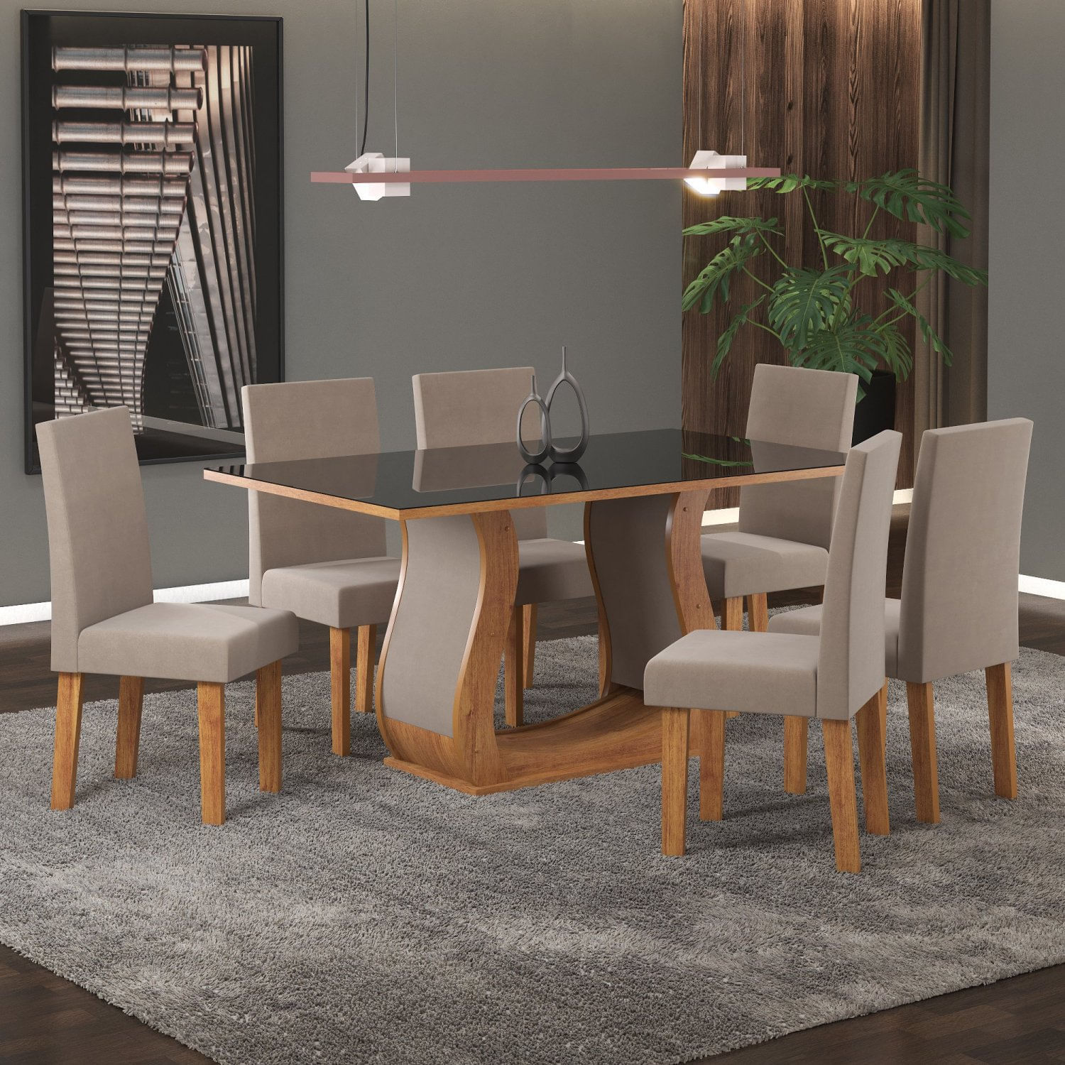 Conjunto Sala De Jantar Mesa Livia 160x80cm Tampo Vidro/mdf Com 6 Cadeiras Venus Viero Móveis Mel/dark/marrom