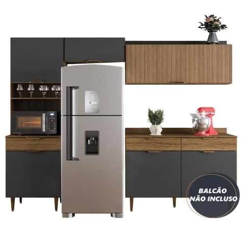 Armário De Cozinha Completa 4 Portas Ripado 3d 1 Gaveta Nicho Para Micro Ondas Madeirado/grafite Vitória Batrol