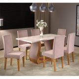 Conjunto Sala De Jantar Mesa Livia 160x80cm Tampo Vidro/mdf Com 6 Cadeiras Venus Mel/off White/rosa