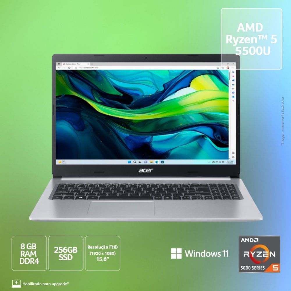 Notebook Acer A515-45-r5at Amd Ryzen 5 5500u 8gb Ssd 256gb 15,6 Fhd Windows 11 Home Bivolt