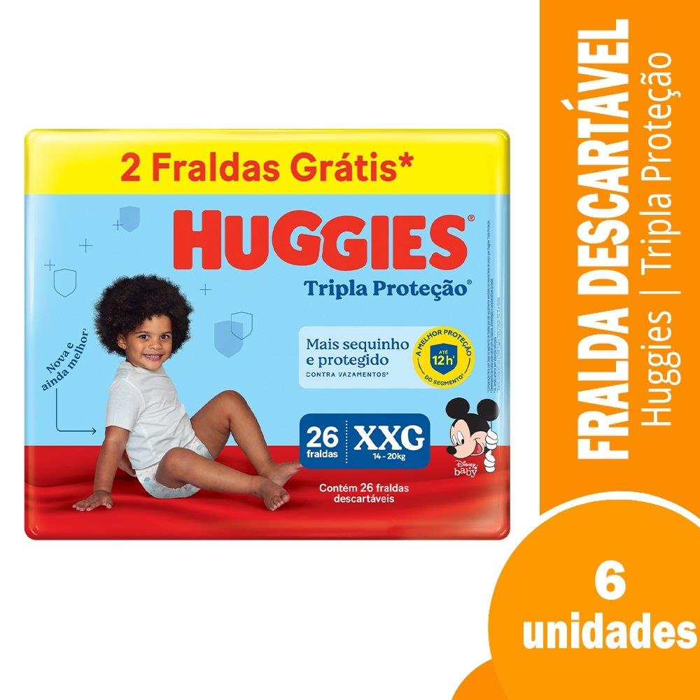 Fralda Descartável Huggies Tripla Proteção Mega Tamanho Xxg - 6 Pacotes Com 26 Fraldas - Total 156 Tiras|leve 2 Tiras Grátis