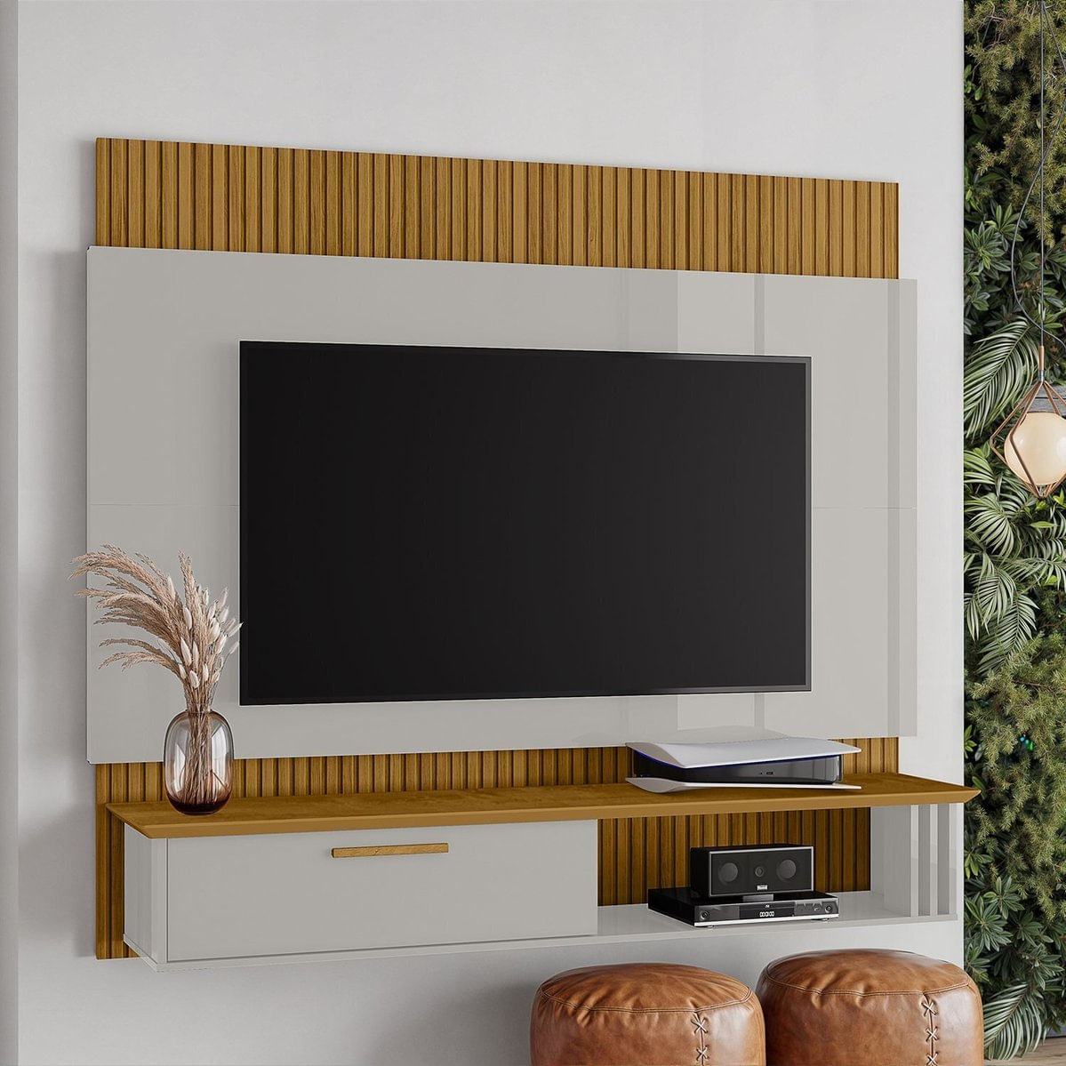 Painel Para Tv Até 65 Polegadas Com Fita Led 1 Porta Paris Off-white/naturalle