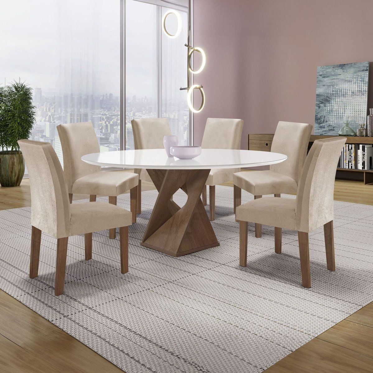 Conjunto Mesa Barcelona 120cmx120cm 6 Cadeiras Espanha Tampo Plus Redondo Vidro Yescasa Chocolate/off White/bege Claro