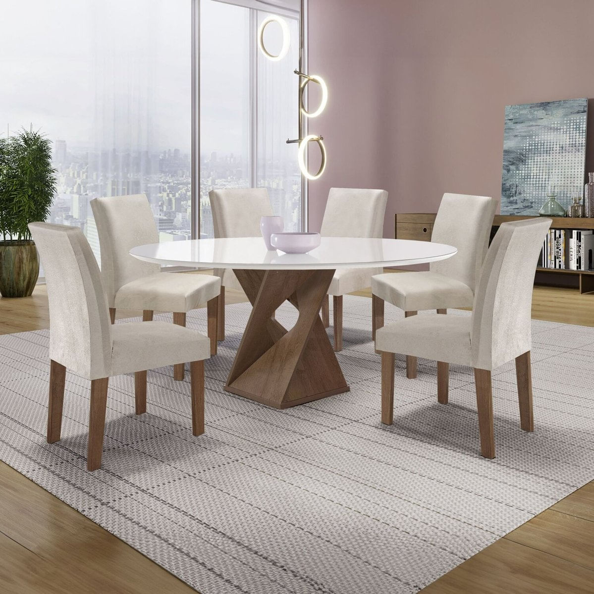 Conjunto Mesa Barcelona 120cmx120cm 6 Cadeiras Espanha Tampo Plus Redondo Vidro Yescasa Chocolate/off White/gelo