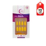 Kit C/12 Fhaces Sun Flower Unhas Postiças Stiletto C/28