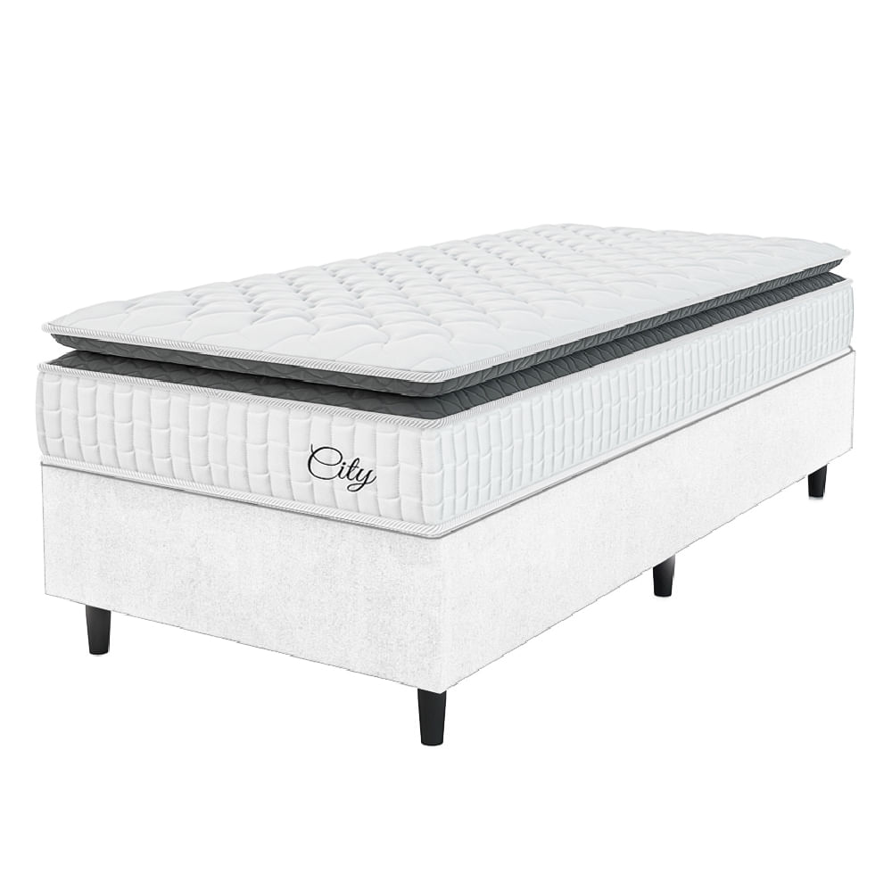 Cama Box Colchão Solteiro Molas Ensacadas City Pillow Top 88x188x61cm Linho Branco / Preto Hellen -