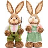 Casal De Coelhos De Páscoa Decoração Palha Artesanal 43cm